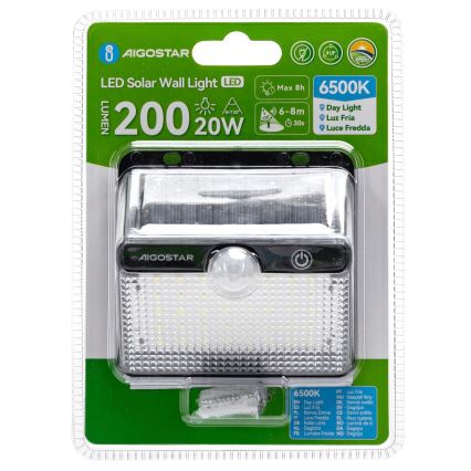 Aigostar - Lampe solaire LED avec capteur LED/3,7V 6500K 1200 mAh IP65 noire