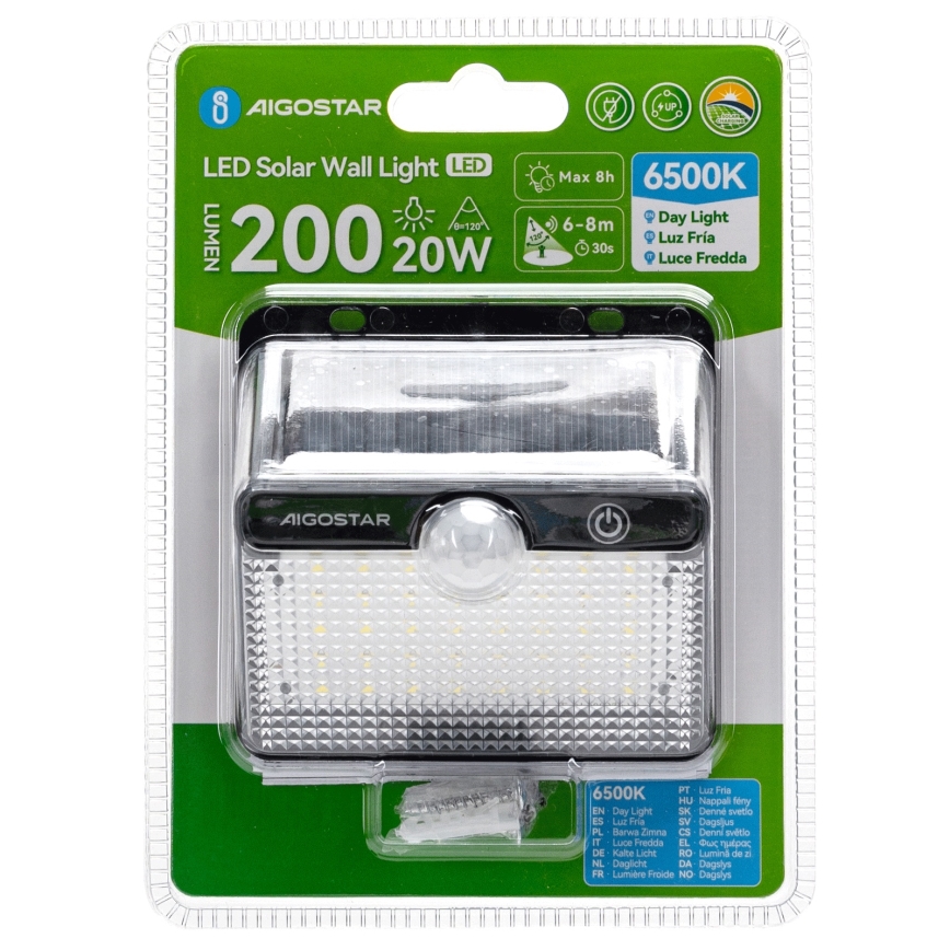 Aigostar - Lampe solaire LED avec capteur LED/3,7V 6500K 1200 mAh IP65 noire