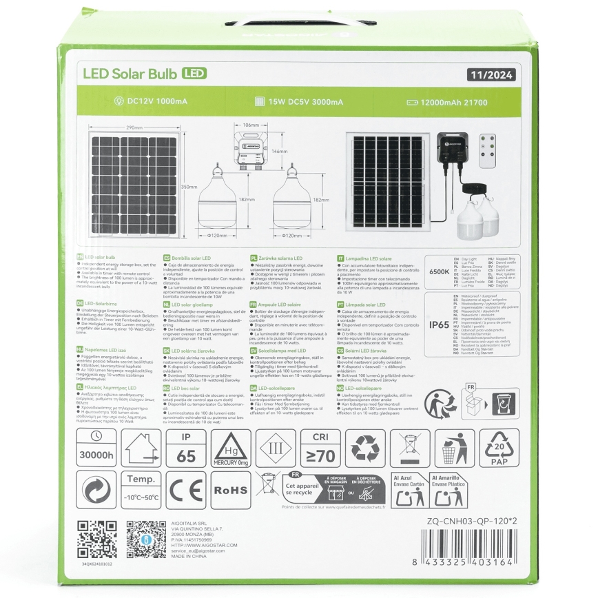 Aigostar - Lustre solaire LED 2xLED/70W/12V 12000 mAh 6500K IP65 diam. 12 cm + télécommande
