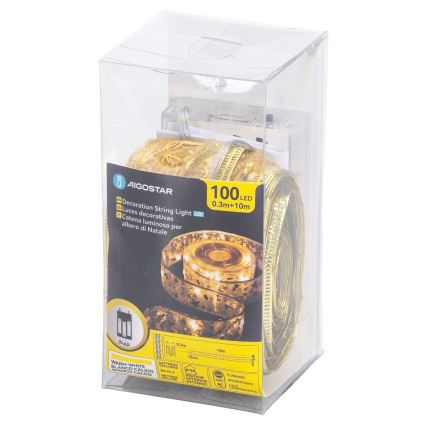 Aigostar - Guirlande LED 100 LED, 10 m, alimentée par 3 piles AA, blanc chaud, dorée