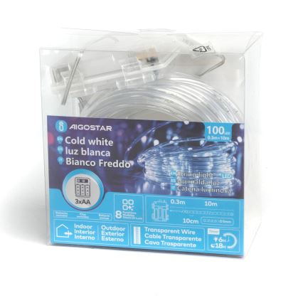 Aigostar - Guirlande de Noël LED d'extérieur 100 LED / 8 fonctions / 3 × piles AA / 10,3 m / IP44 / blanc froid