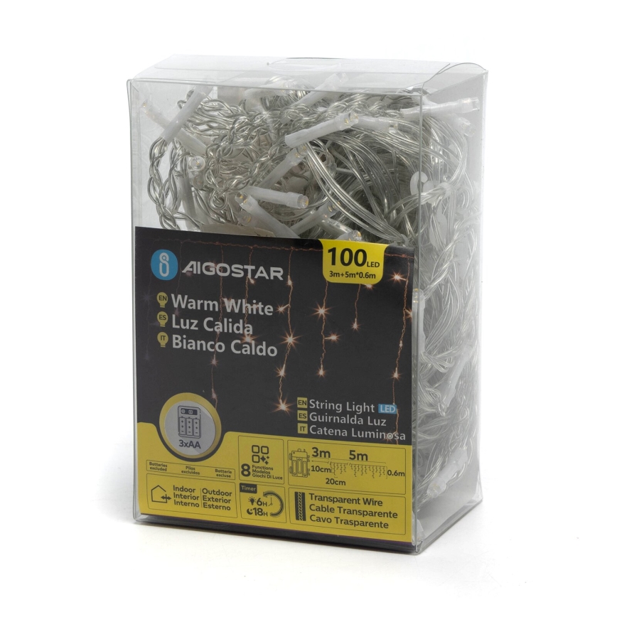Aigostar - Guirlande de Noël LED extérieure 100xLED/8 fonctions 3xAA 8x0,6m IP44 blanc chaud
