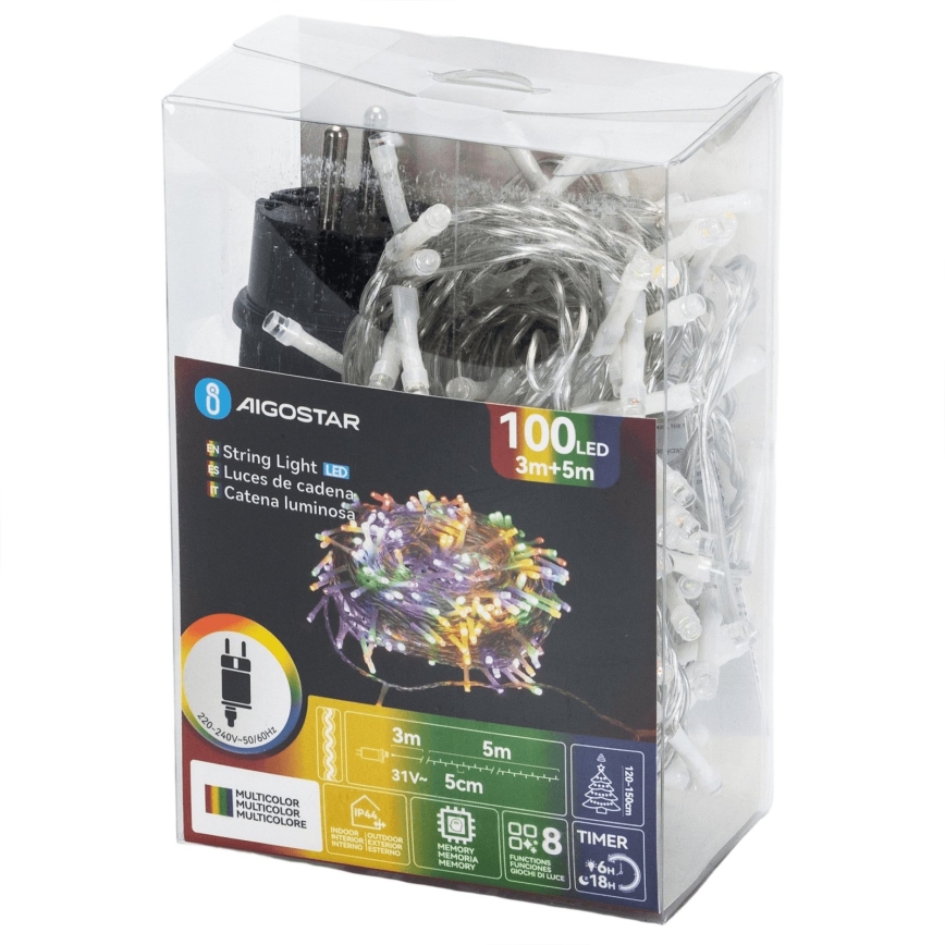 Aigostar - LED Guirlande de Noël d'extérieur 100xLED/8 fonctions 5,3m IP44 multicolore