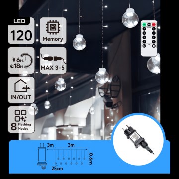 Aigostar - LED Guirlande de Noël d'extérieur 120xLED/8 fonctions 3x0,6m IP44 blanc froid + télécommande