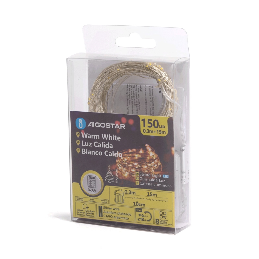 Aigostar - LED guirlande de Noël d'extérieur 150 LED / 8 fonctions 3xAA 15,3 m IP44 blanc chaud