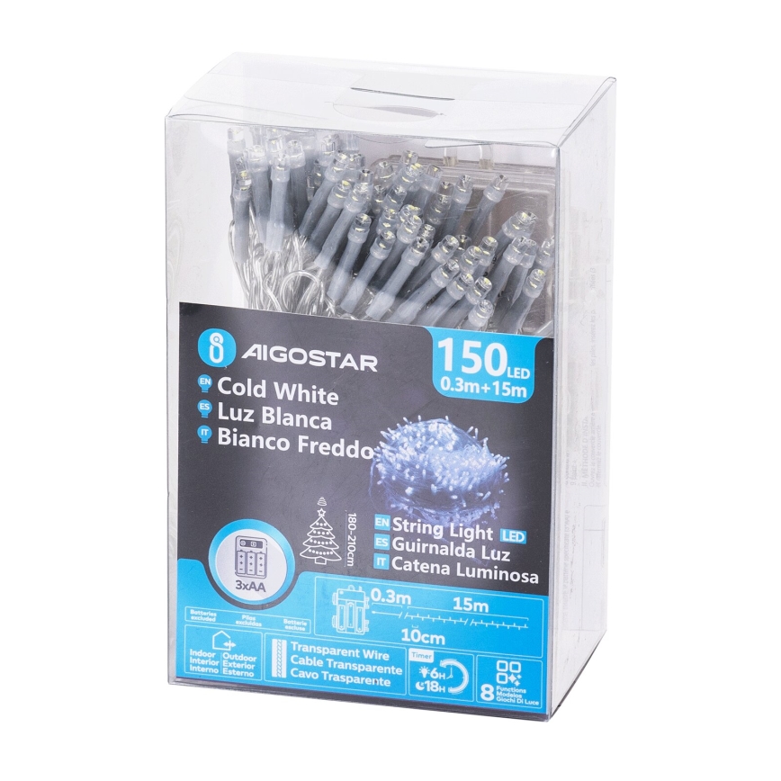 Aigostar - LED Guirlande de Noël d'extérieur 150xLED/8 fonctions 15,3m IP44 blanc froid