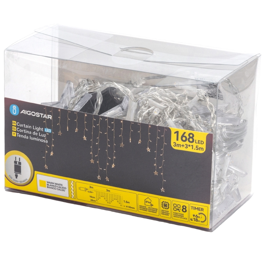 Aigostar - Guirlande de Noël LED extérieure 168xLED/8 fonctions 3x1,5m IP44 blanc chaud étoiles
