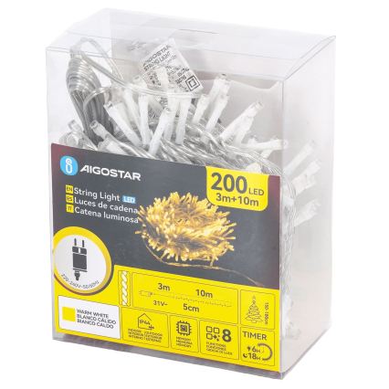 Aigostar - LED guirlande de Noël d'extérieur 200 LED/8 fonctions 13 m IP44 blanc chaud