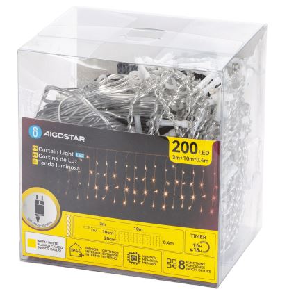 Aigostar - Guirlande LED de Noël d'extérieur 200 LED/8 fonctions 10x0,4 m IP44 blanc chaud