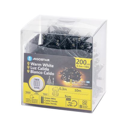 Aigostar - guirlande lumineuse de Noël d'extérieur à LED 200xLED/8 fonctions 3xAA 10,3 m IP44 blanc chaud