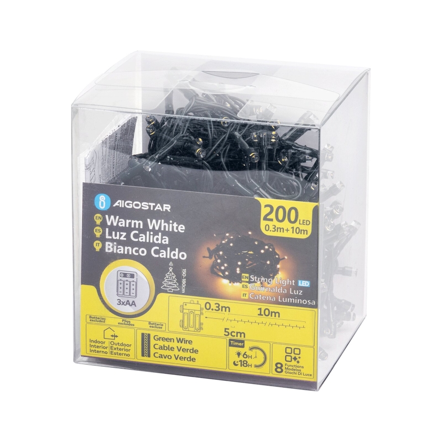 Aigostar - guirlande lumineuse de Noël d'extérieur à LED 200xLED/8 fonctions 3xAA 10,3 m IP44 blanc chaud