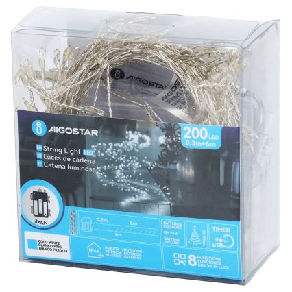 Aigostar - Guirlande lumineuse LED de Noël extérieure 200xLED/8 fonctions 3xAA 6,3m IP44 blanc froid