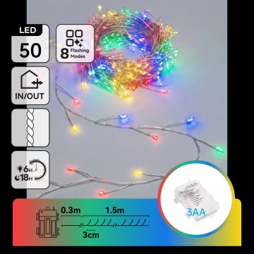 Aigostar - LED guirlande de Noël d'extérieur 50xLED/8 fonctions 3xAA 1,8m IP44 multicolore