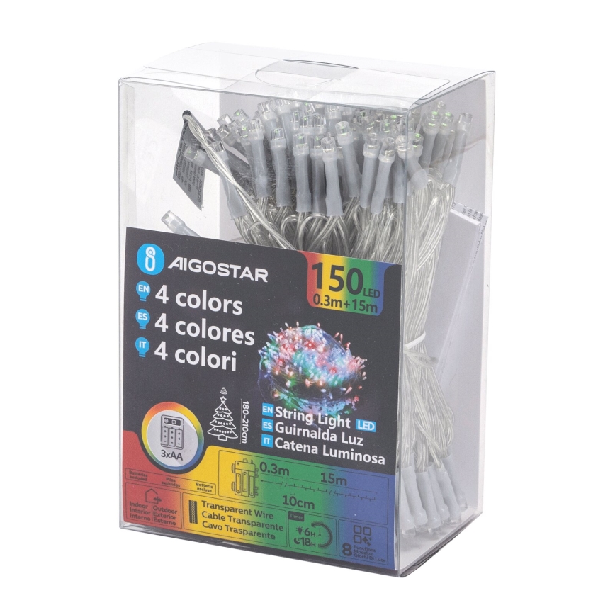 Aigostar -LED Guirlande de Noël extérieure 150xLED/8 fonctions 3xAA 15,3m IP44 multicolore