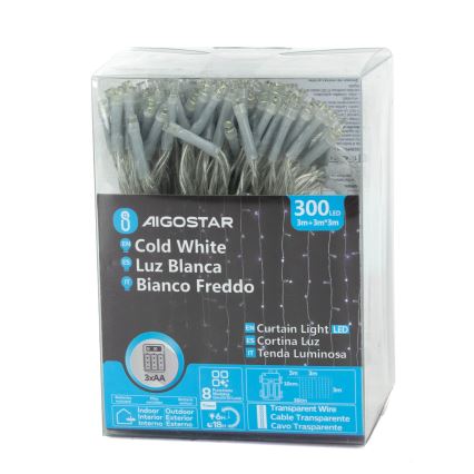 Aigostar - Guirlande de Noël LED d'extérieur 300xLED/8 fonctions 3xAA 6x2m IP44 blanc froid