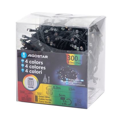 Aigostar -LED Guirlande de Noël extérieure 300xLED/8 fonctions 3xAA 15,3m IP44 multicolore