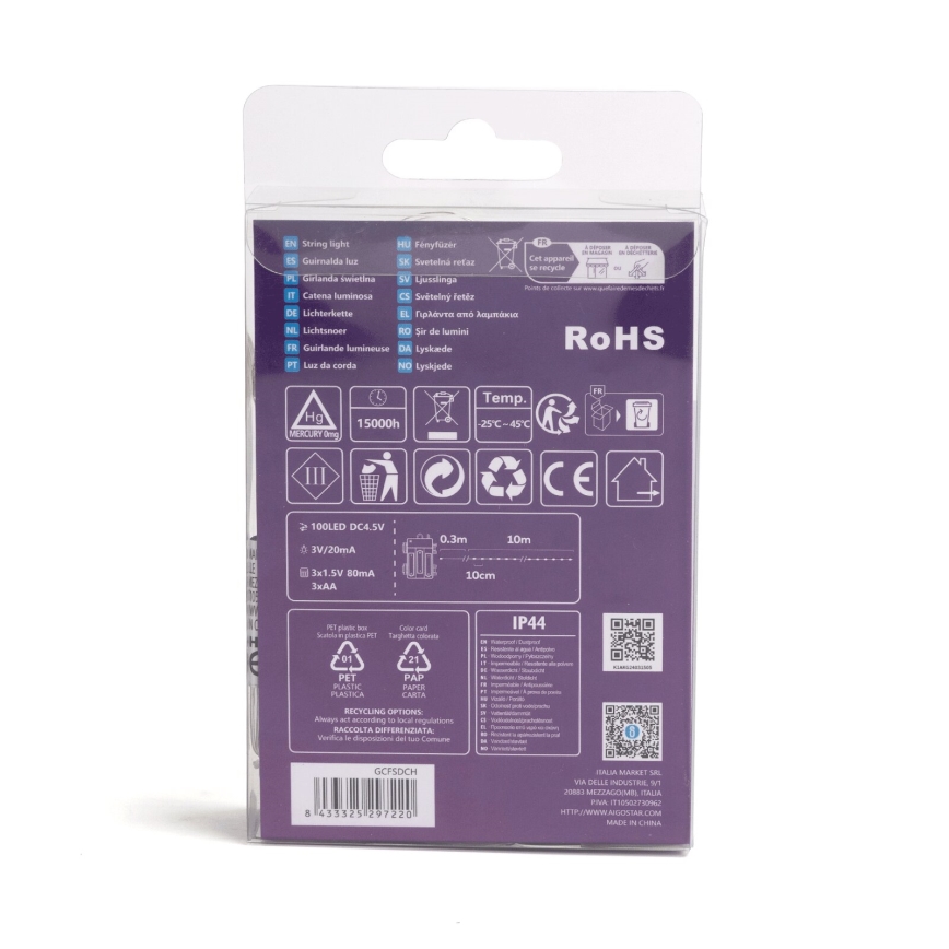 Aigostar -LED Guirlande d'extérieur 100xLED/8 fonctions 3xAA 10,3m IP44 blanc chaud