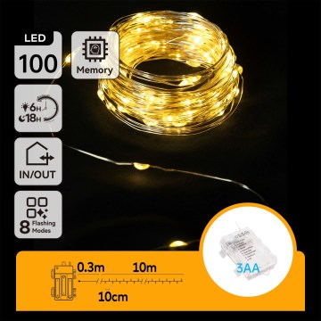 Aigostar -LED Guirlande lumineuse de Noël d'extérieur 100 LED/8 fonctions 3xAA 10,3 m IP44 blanc chaud