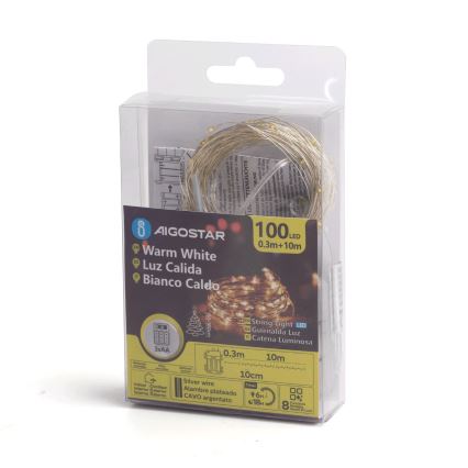 Aigostar -LED Guirlande lumineuse de Noël d'extérieur 100 LED/8 fonctions 3xAA 10,3 m IP44 blanc chaud