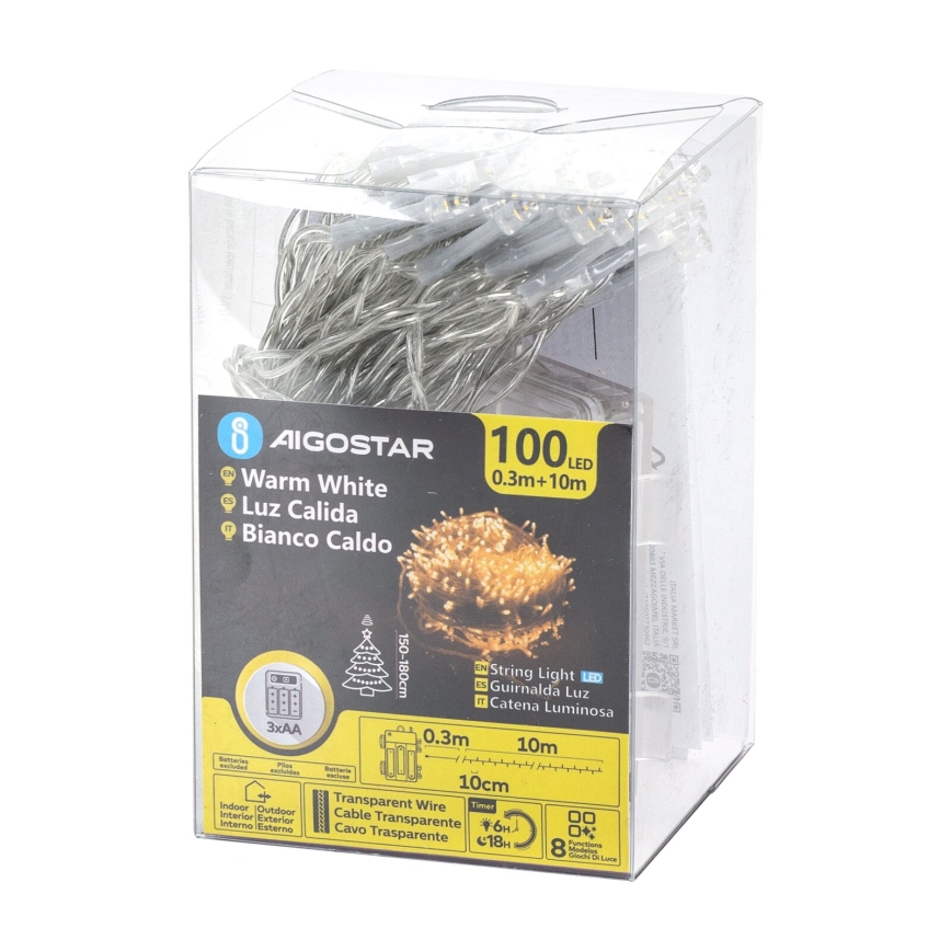 Aigostar -LED Guirlande lumineuse de Noël d'extérieur 100xLED/8 fonctions 3xAA 10,3m IP44 blanc chaud