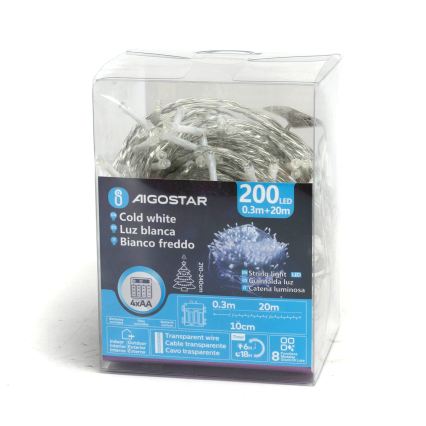 Aigostar - Guirlande LED de Noël d'extérieur 200xLED/8 fonctions 4xAA 20m IP44 blanc froid