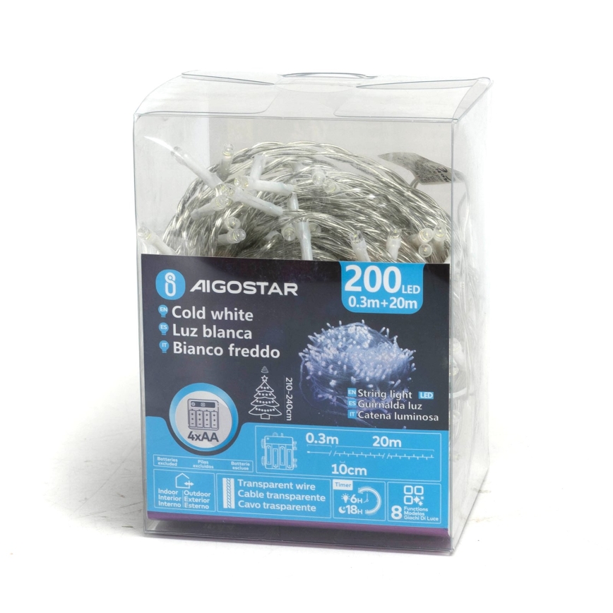Aigostar - Guirlande LED de Noël d'extérieur 200xLED/8 fonctions 4xAA 20m IP44 blanc froid