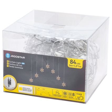 Aigostar - Guirlande LED de Noël d'extérieur 84xLED/8 fonctions 1,2x1m IP44 blanc chaud flocons
