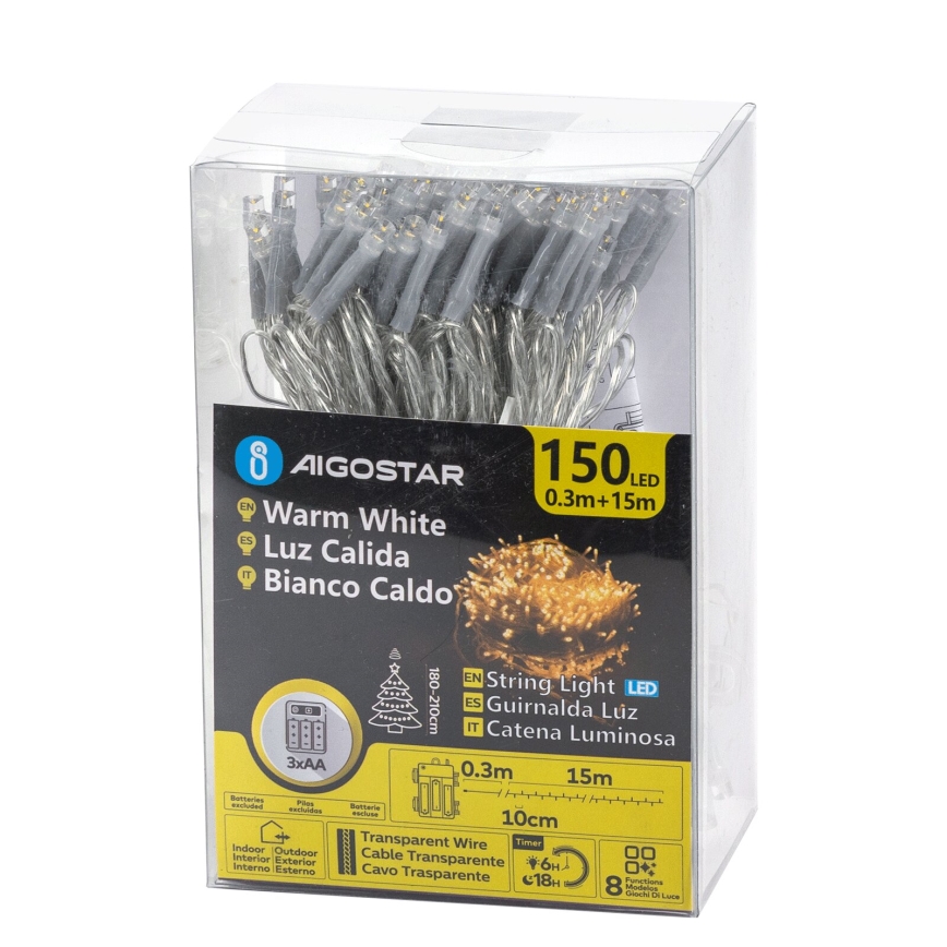 Aigostar -LED Guirlande lumineuse extérieure de Noël 150 LED / 8 fonctions, fonctionne avec 3 piles AA, 15,3 m, IP44, blanc chaud