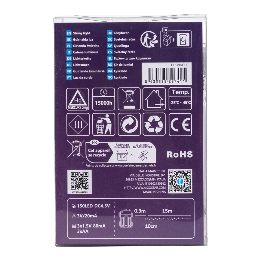 Aigostar -LED Guirlande lumineuse extérieure de Noël 150 LED / 8 fonctions, fonctionne avec 3 piles AA, 15,3 m, IP44, blanc chaud
