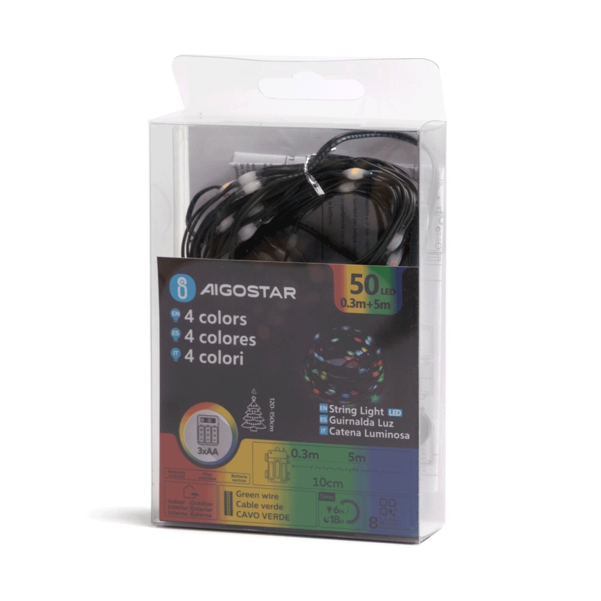 Aigostar - LED Guirlande lumineuse extérieure de Noël 50xLED/8 fonctions 3xAA 5,3 m IP44 multicolore