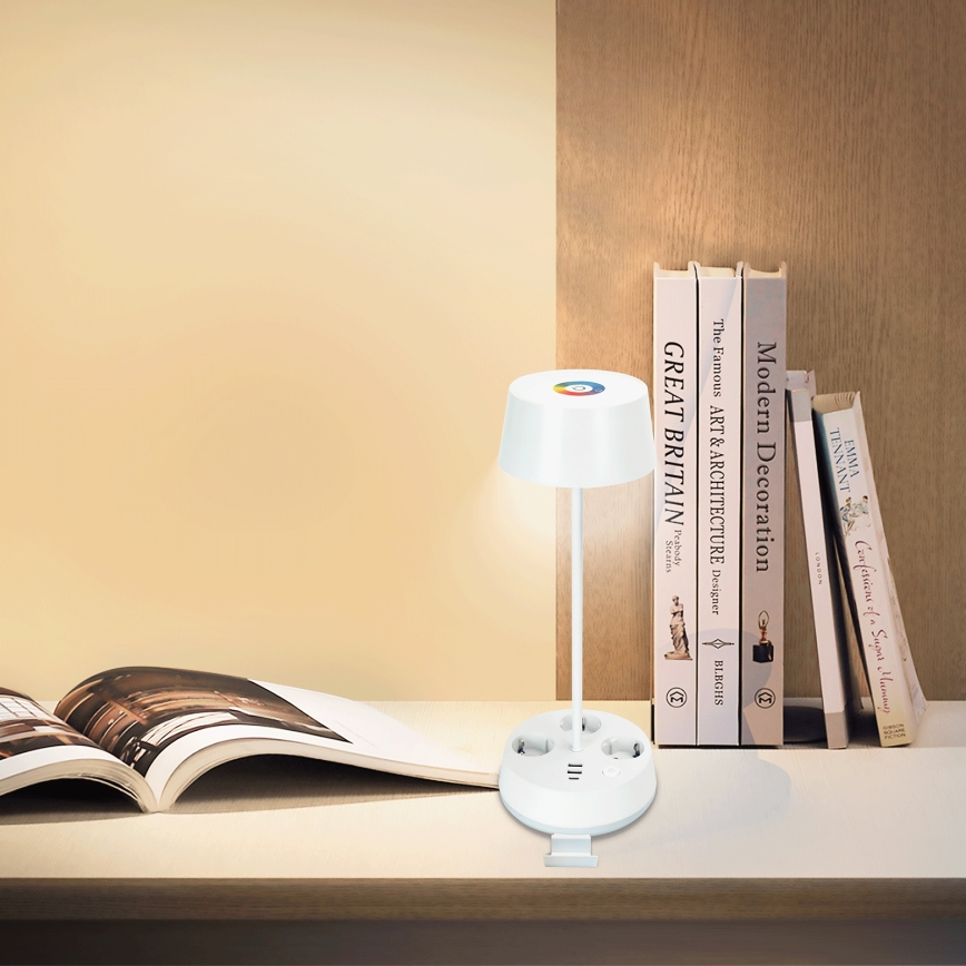 Aigostar - Lampe de bureau LED RGBW dimmable avec prises et port USB LED/4,6W/230V 3000/4000/6500K blanche