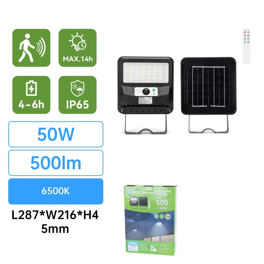 Aigostar - Lampadaire solaire de rue à LED avec capteur LED/50W/3,2V 1000mAh 6500K + télécommande
