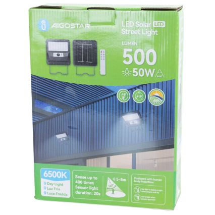 Aigostar - Lampadaire solaire de rue à LED avec capteur LED/50W/3,2V 1000mAh 6500K + télécommande