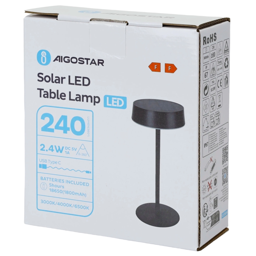 Aigostar - Lampe solaire LED/2,4W/5V IP44 1800 mAh
