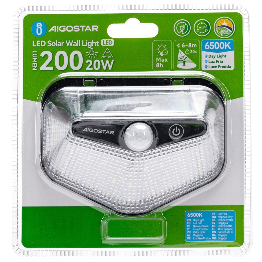 Aigostar - Luminaire solaire LED avec capteur LED/3,7V 6500K 500 mAh IP65 noir