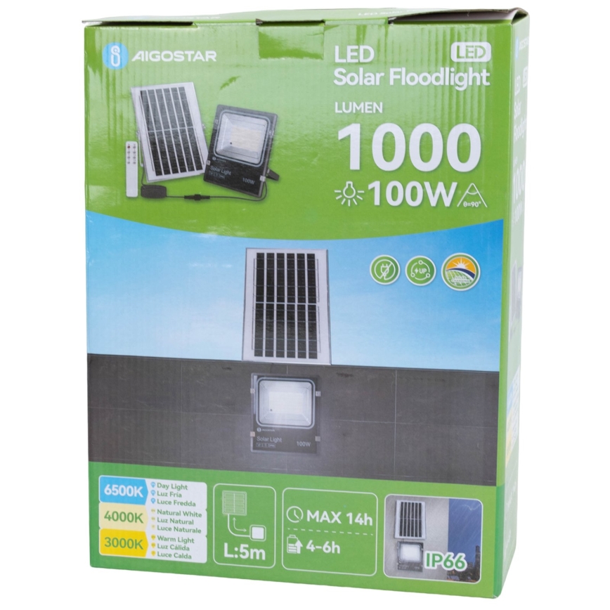 Aigostar - projecteur solaire LED/100W/3,2V 2000mAh 3000K/4000K/6500K IP66 + télécommande
