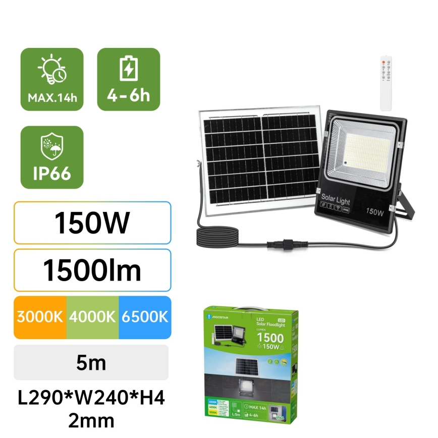 Aigostar - Projecteur solaire à LED LED/150W/3,2V 3000mAh 3000K/4000K/6500K IP66 + télécommande