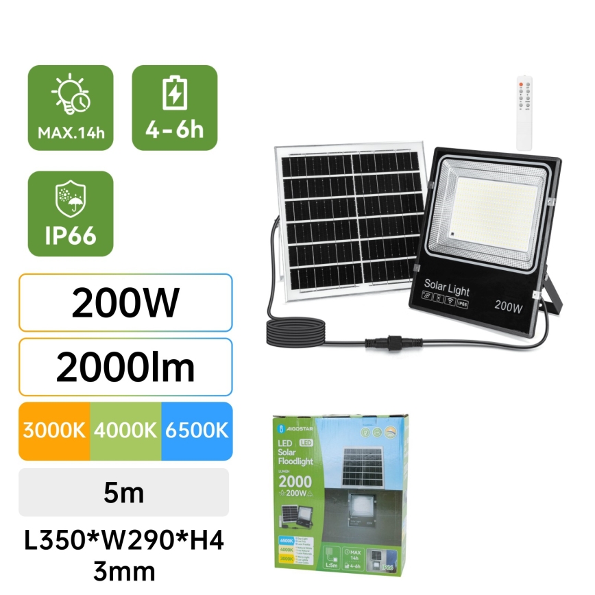 Aigostar - LED projecteur solaire LED/200W/3,2V 3600mAh 3000K/4000K/6500K IP66 + télécommande