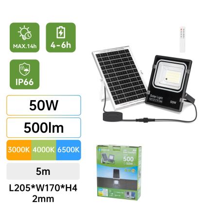 Aigostar - projecteur solaire LED/50W/3,2V 1200mAh 3000K/4000K/6500K IP66 + télécommande