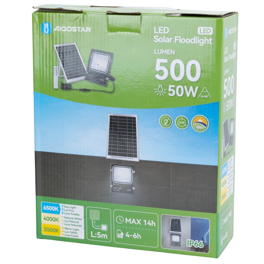 Aigostar - projecteur solaire LED/50W/3,2V 1200mAh 3000K/4000K/6500K IP66 + télécommande
