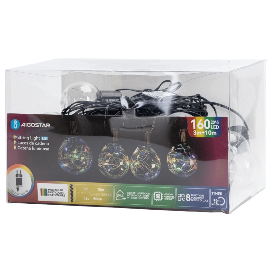 Aigostar - Guirlande lumineuse décorative d'extérieur 160 LED, 10 m, IP44, multicolore
