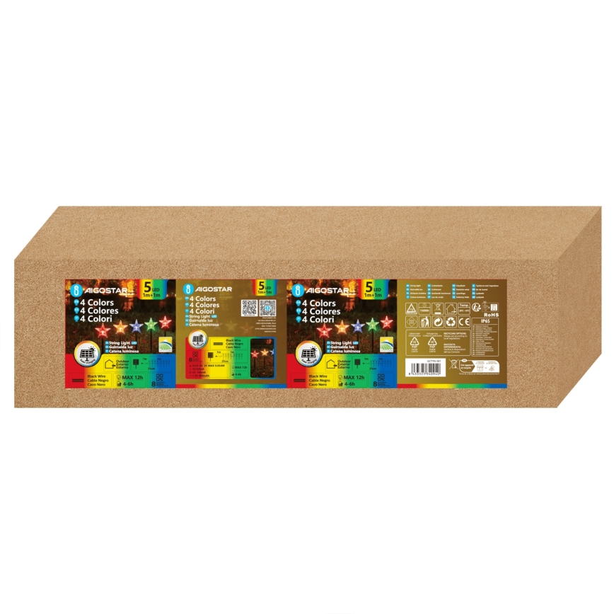 Aigostar - Lampe solaire LED RGBY 5×LED, 1,2 V, 8 modes, 1 m, IP65, 800 mAh, effet étoiles