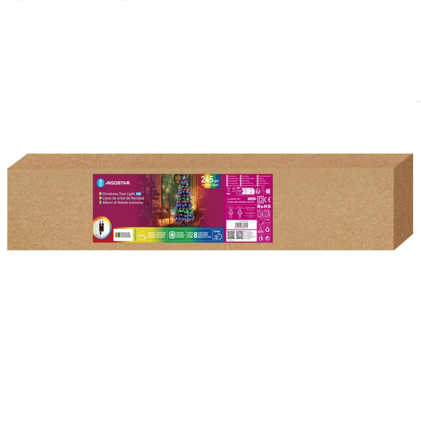 Aigostar - Sapin de Noël LED d'extérieur 245xLED/8 fonctions 2,1 m IP44 multicolore