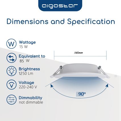 Aigostar - Plafonnier encastré pour salle de bains LED/15W/230V 4000K IP44 Ø 14,5 cm blanc