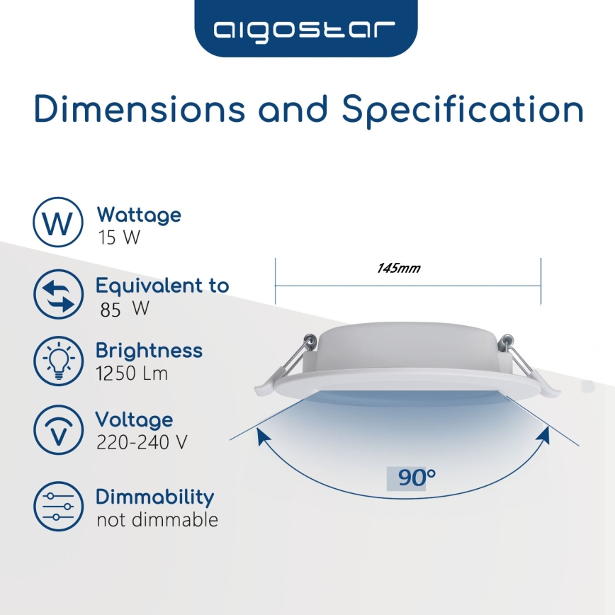 Aigostar - Plafonnier encastré pour salle de bains LED/15W/230V 4000K IP44 Ø 14,5 cm blanc