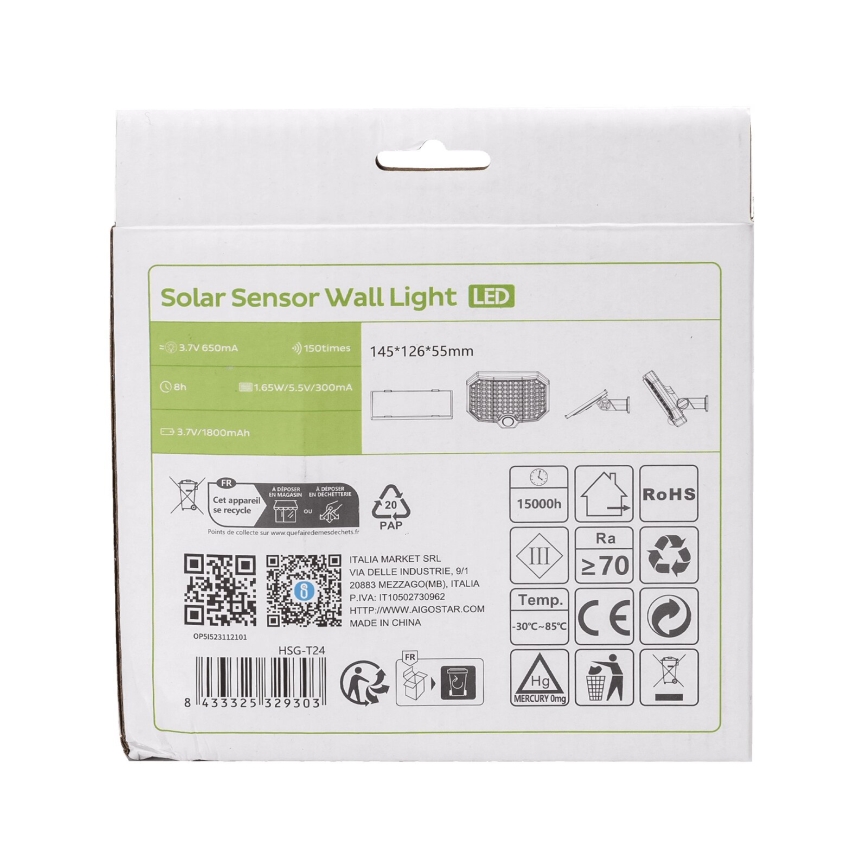 Aigostar - Luminaire solaire avec un détecteur de mouvement LED/2,4W/3,7V IP65