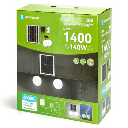 Aigostar - Lampe solaire LED 2xLED/70W/12V 12000 mAh 6500K IP65 Ø 20,5 cm + télécommande