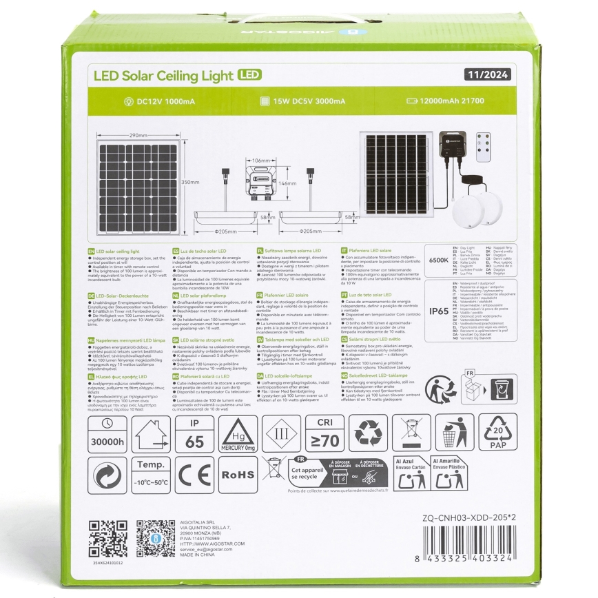 Aigostar - Lampe solaire LED 2xLED/70W/12V 12000 mAh 6500K IP65 Ø 20,5 cm + télécommande