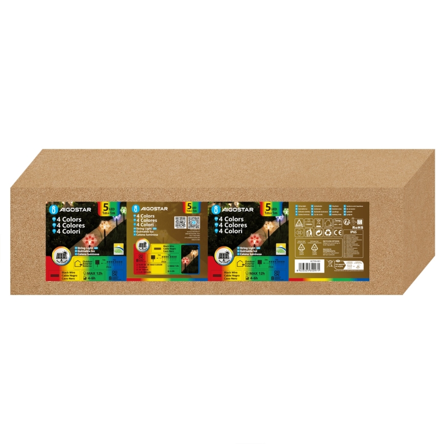 Aigostar - LED RGBY Lampe de Noël solaire 5xLED/1,2V/8 fonctions 1m IP65 800mAh flocons