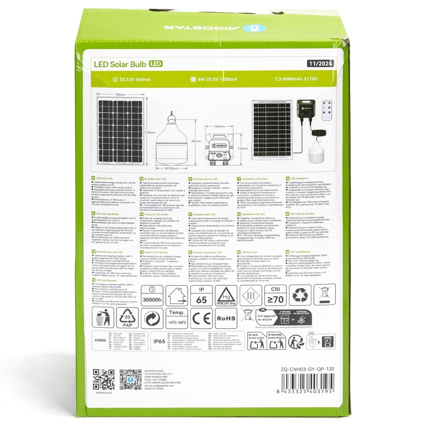 Aigostar - Lustre solaire LED avec capteur LED/70W/12V 6000 mAh 6500K IP65 Ø 12 cm + télécommande